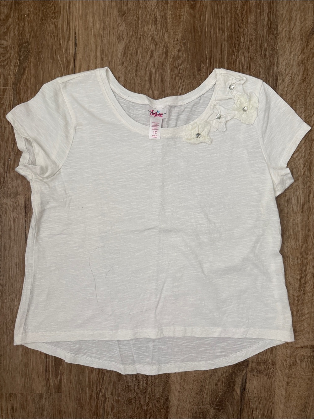 Justice Girls White Short Sleeve Tee with Floral Appliqués